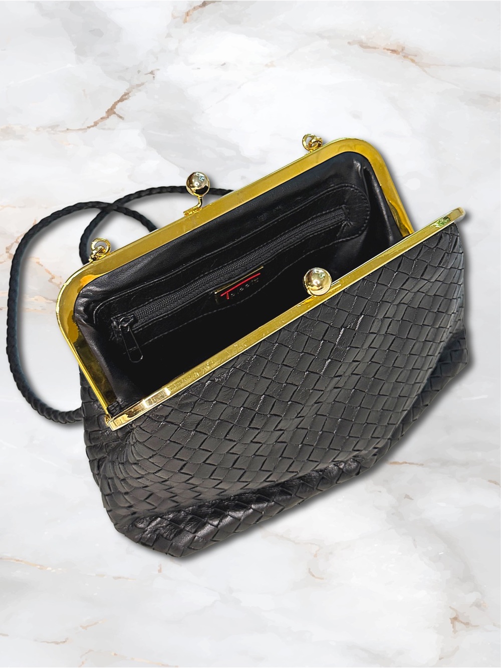 Vintage Black Woven Leather Kiss Lock Frame Bag 2 Way • Clutch Shoulder Purse - Picture 9 of 15